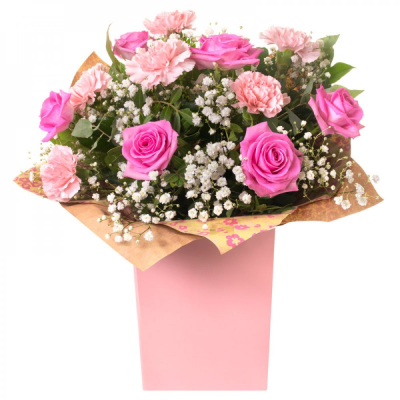 Roses & Ruffles - Pink Roses and Carnations make this gift timeless and classic
